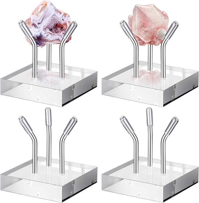 Weysat 4 Pack Clear Acrylic Display Stand, Metal 3 Peg Rock Display Easel Stands for Fossil Coral Crystal Geodes Rock Mineral Agate Small Collectibles Acrylic Holder (2.4”x2.4”x2.4”,Silver)
