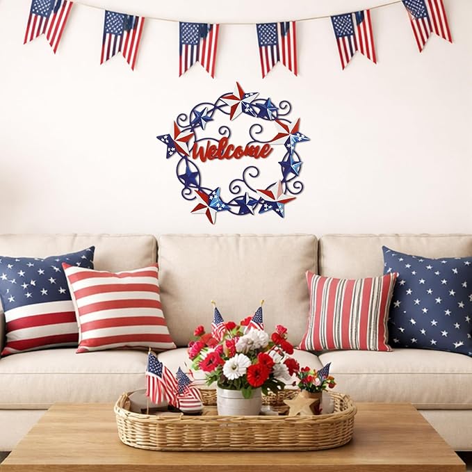 MorningRo Metal Patriotic Wreaths for Front Door Red White Blue Star 4th of July Wreaths American Flag Hanging Vintage Rustic Independence Day Welcome Sign for Porch Wall Home Outdoor, 13 Inch