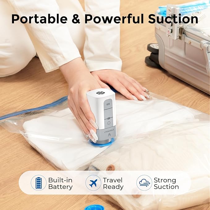 ETENWOLF 24 Pack Vacuum Storage Bags with Rechargeable Wireless Pump, Vacuum Seal Bags for Clothes and Travel, Space Saver Bags in Multiple Carry-On Sizes, Perfect for Luggage and Suitcases