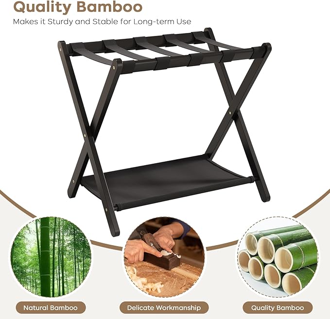 Fully Assembled Black Luggage Rack for Guest Room, Bamboo Folding Suitcase Stand with Fabric Storage Shelf, 5 Nylon Straps, Upgraded Luggage Rack Holder for Bedroom Hotel, Holds up to 165 Lbs, 1pcs