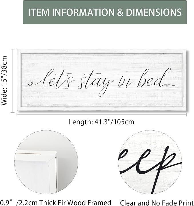 Lets Stay in Bed Wall Decor Above Bed 41.3''×15'' Large Farmhouse Wall Decor for Bedroom Guest Room Decor Framed Wood Wall Art Rustic Master Bedroom Wall Decoration (white frame)