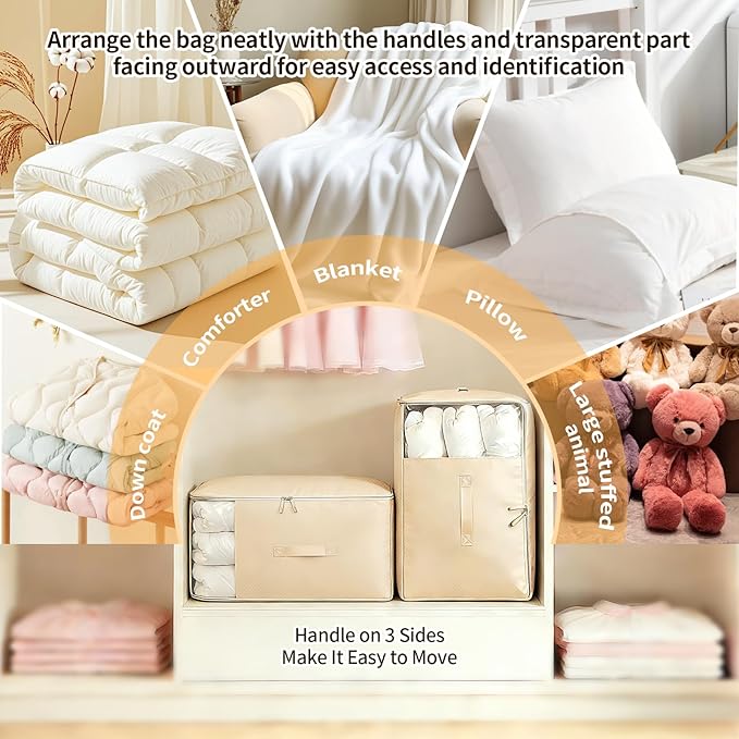 2 Pack Space Saving Comforter Storage Bag with Handle, 3-Layer Compression Blanket Storage Bags Adjustable In 3 Sizes (142L, 107L, 71L), Washable Bedding Organizer For Pillow Duvet Clothing Plush Toy