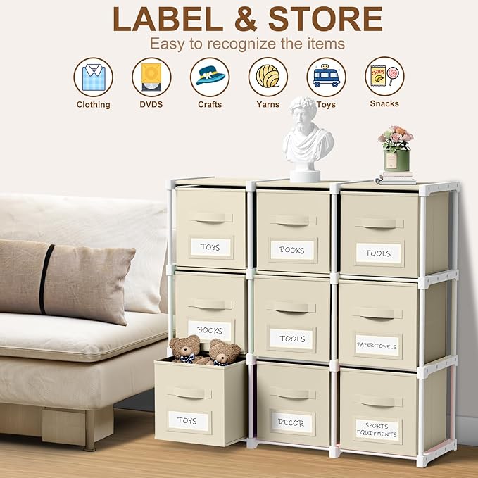 Geelin 9 Cube Storage Organizer with Fabric Bins and Labels 11 Inch, Fabric Collapsible Cubby Clothes Storage Drawer Dresser for Bedroom Living Room Office Organization