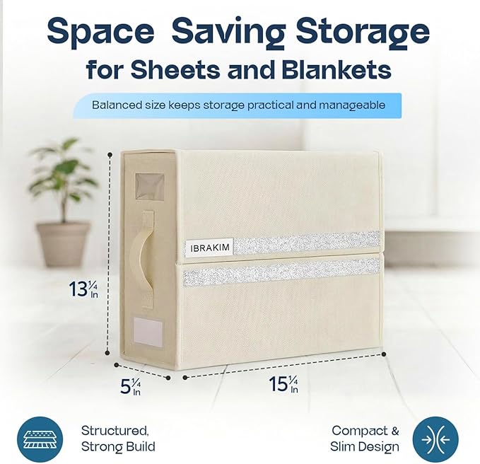 IBRAKIM Bedsheet Organizer Set of 4, Linen Storage Organizer for Closet and Under Bed, Foldable Bedding Organizer for Sheets, Blankets, Comforters, Closet Storage Bins, Beige