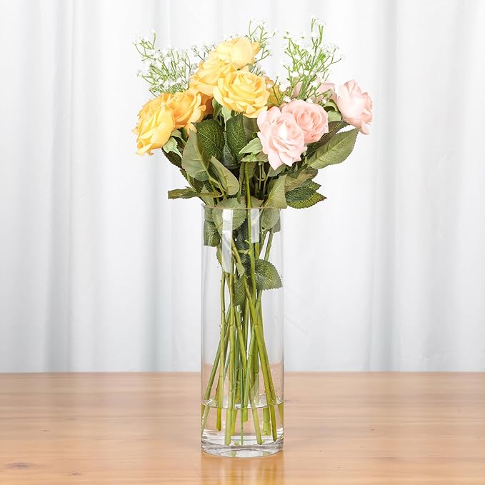 WGVI Quality Thick Weighted Clear Cylinder Glass Vases, 4" W x 12" H, Flower Arrangement Floating Candle Holders Wedding Centerpieces Terrarium Planter Floral Storage Container, Bulk Wholesale, 6 Pcs