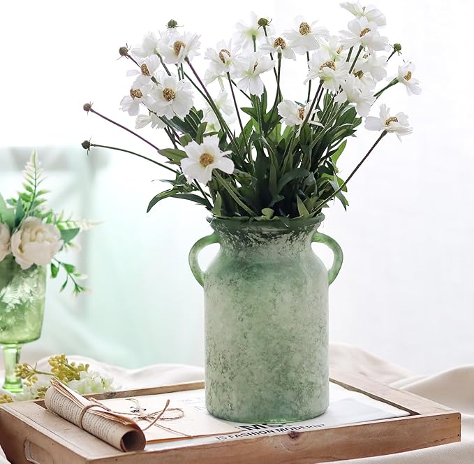 Glass Flower Vase with Handle – 8 Inches Rustic Imitation Ceramic Vase for Flowers, Vintage White Green Centerpiece Decor for Farmhouse, Modern Home, Table & Holiday Decorations