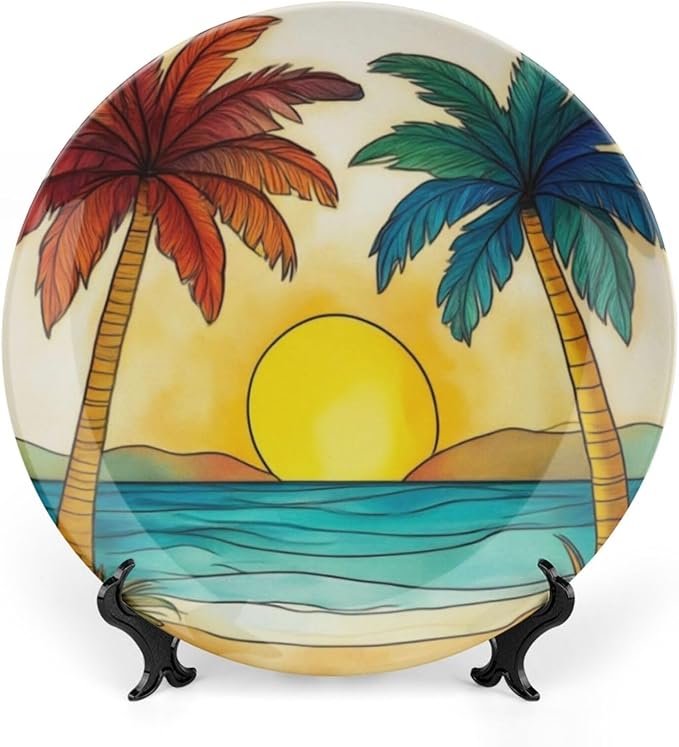 Palm Tree Theme Decorative Ceramic Plate Round Porcelain Plate,10 inch,Sunset Cartoon Pattern,for Decorative Ornaments Giving Plates,1 Plate with 1 Display Stand,Orange Blue