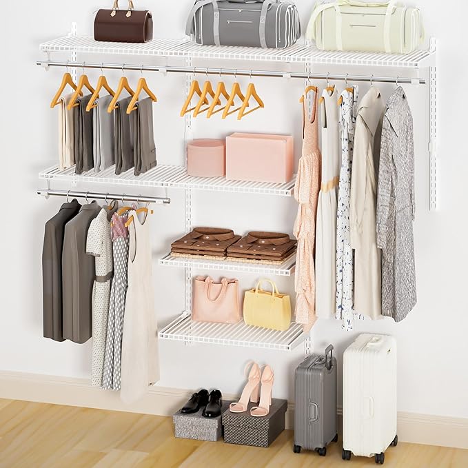 Wire Closet Organizer System, Wall Mounted 6.5 Ft. Custom Closet Kit for Bedrooms Laundry Mudroom Garage Basement, Adjustable Storage Shelves for Clothes Shoes Handbags