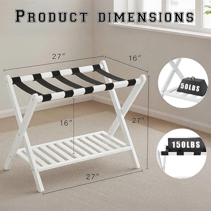 Bamboo Luggage Rack with Shoe Shelf Folding Suitcase Stand with 5 Heavy-Duty Straps for Guest Room Living Room Hotel Ideal Luggage Holder for Suitcases Bags Shoes,White