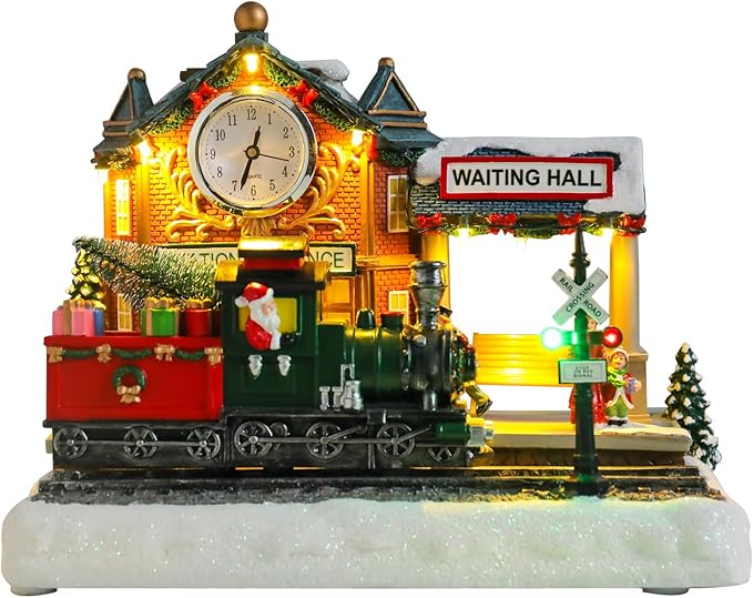 WONDER GARDEN Christmas Village Houses-Christmas Houses Village - Lighted Musical Railway Station Collectible Buildings with Moving Train for Home Indoor Decor or Gift