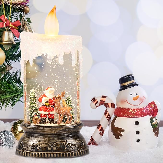 Eldnacele Christmas Music Snow Globe Lantern with 6H Timer, Battery Operated & USB Powered Lighted Santa Claus Reindeer Singing Snow Globe Candle Lamp Spinning Water Glitters Holiday Decor