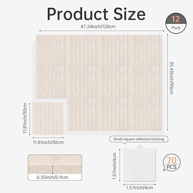 Felt Bulletin Board, 48"X 36" Felt Board for Wall, 12 Pack Felt Wall Tiles, with 70 Adhesive Tabs, Large Felt Bulletin Board Tiles, Cork Board for Room Office Decor, Classroom Pin Board (Oatmeal)