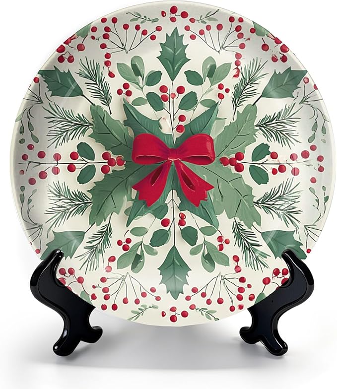 HABEN ARTWORK 10" Ceramic Plates for Display Festive Christmas Holly Red Berries Green Bow Snowflake Decorative Plate with Stand and Hook for Kitchen Dining Room Wall Hanging Decor