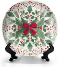 HABEN ARTWORK 10" Ceramic Plates for Display Festive Christmas Holly Red Berries Green Bow Snowflake Decorative Plate with Stand and Hook for Kitchen Dining Room Wall Hanging Decor
