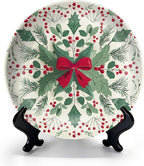 HABEN ARTWORK 10" Ceramic Plates for Display Festive Christmas Holly Red Berries Green Bow Snowflake Decorative Plate with Stand and Hook for Kitchen Dining Room Wall Hanging Decor