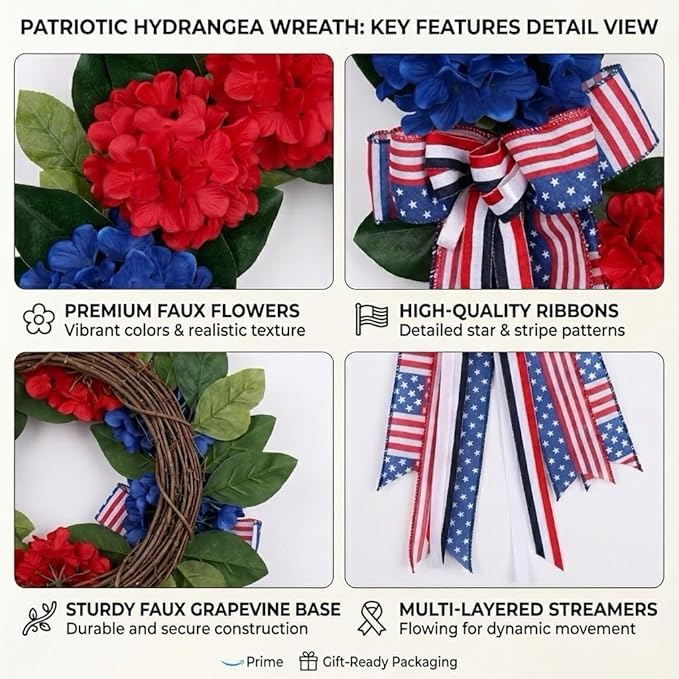 20 Inch Patriotic Front Door Wreath for July 4th Independence Day and Memorial Day, Artificial Red White Blue Hydrangea Wreath with USA Flag-Themed Long Bow