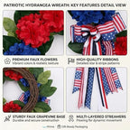 20 Inch Patriotic Front Door Wreath for July 4th Independence Day and Memorial Day, Artificial Red White Blue Hydrangea Wreath with USA Flag-Themed Long Bow