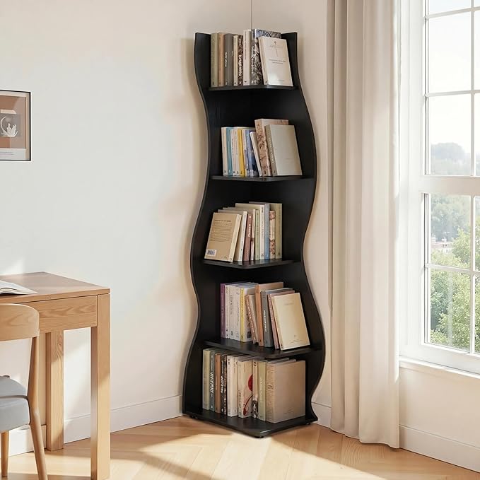VECELO 2 Pcs Wavy Corner Shelf, Decorative 6-Tier Corner Display Bookshelf, Tall Storage Organizer for Small Spaces, Living Room or Bedroom, Black