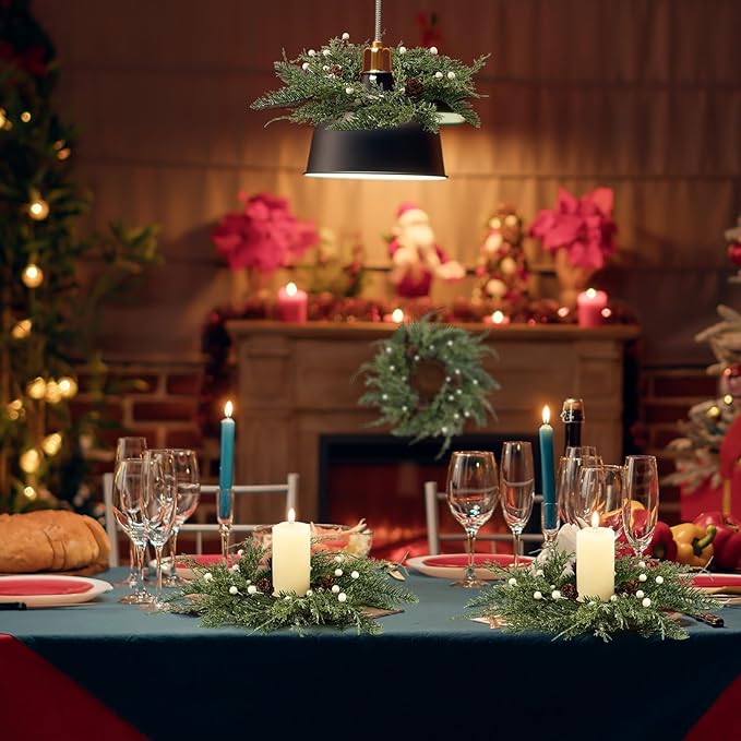 8 PCS Christmas Wreath Christmas Kitchen Cabinet Wreaths with Burlap Ribbon Mini Wreath Pine Garland Frosted Cedar Pine Cone Hanging Garlands Candle Rings for Front Door Window Chair Wall