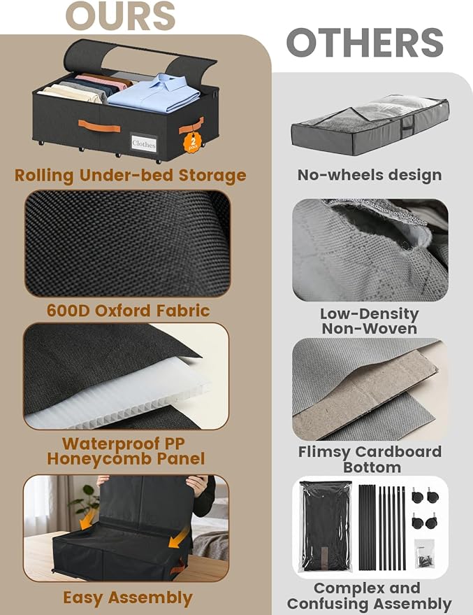 2-Pack Under Bed Storage with Wheels and 6 Vacuum Seal Bags, Adjustable Height 7.9"-10.2",Heavy Duty Capacity,Clear Lid Organizer for Dorm Bedroom Clothes Shoes Books,Quick Assembly Space Saver，Black