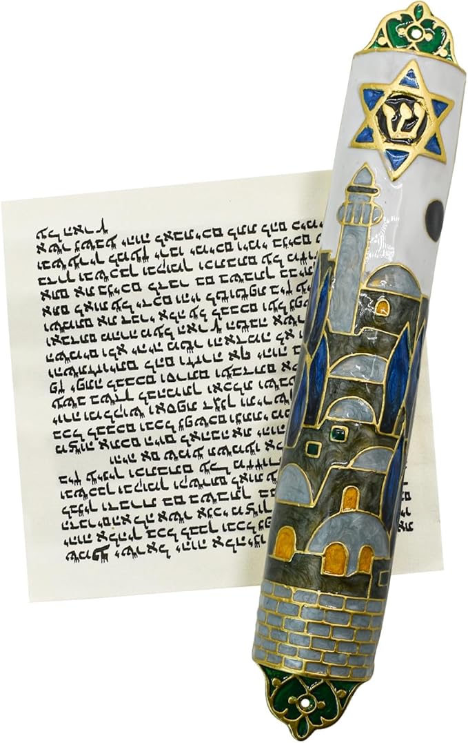 Mezuzah with Scroll for Door, Enamel&Zinc Alloy Blessing Mezuzah Case for Door, Colored Painted Mezuzha Scroll Kosher for Jewish Gifts/Jewish Decor, Christmas (Mutil Color, 1.1x6.53 in)