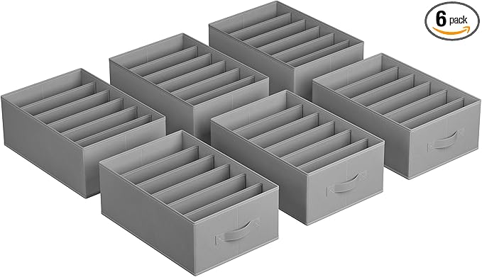 SONGMICS Set of 6 Large Size Wardrobe Clothes Organizers, 6-Compartment Foldable Drawer Organizers with Handles, 16.5 x 11.8 x 6.7 Inches, for Pants, Sweaters, Jeans, Dove Gray URUS009G03