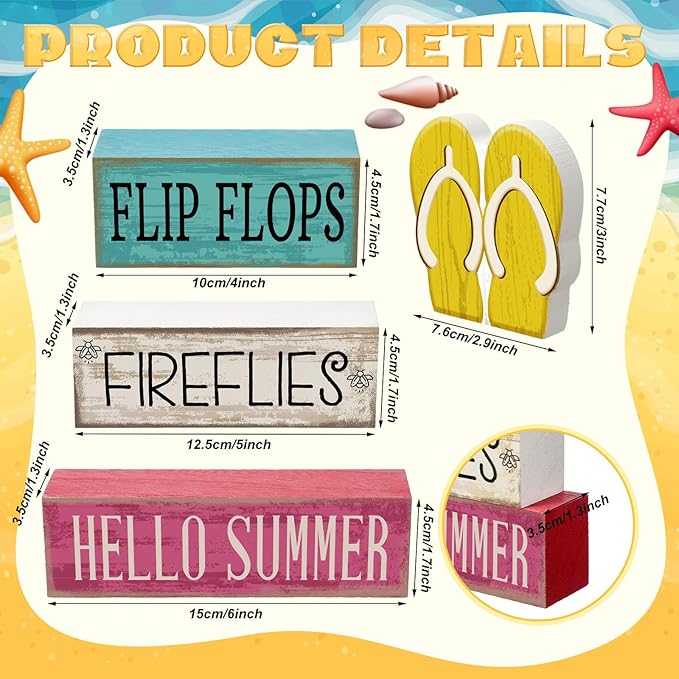 Yuntau 4 Pcs Summer Table Decorations Wooden Sign Flip Flops Table Centerpiece Summer Tiered Tray Decor Decorative Faux Book Stack Block for Coffee Fireplace Mantel Floating Shelf Hawaii