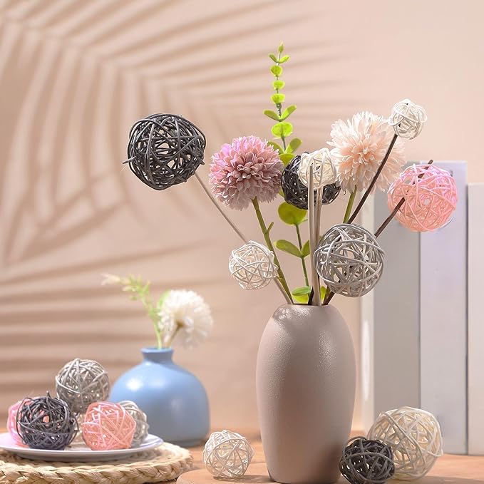 Patelai 36 Pcs Wicker Rattan Balls Decorative Balls for Vase Centerpiece Bowls Orbs Filler for Home Decor,4 Sizes(White, Pink, Light Grey, Dark Grey,2.4'',2'',1.6'',1.2'')