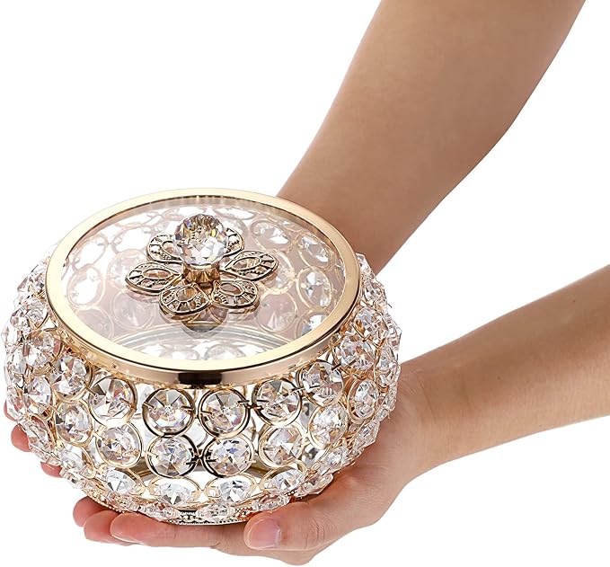 Hipiwe Crystal Jewelry Trinket Box with Glass Lid Large Gold Mirrored Treasure Box Decorative Jewelry Box Ring Earrings Necklace Storage Keepsake Box Gift for Women