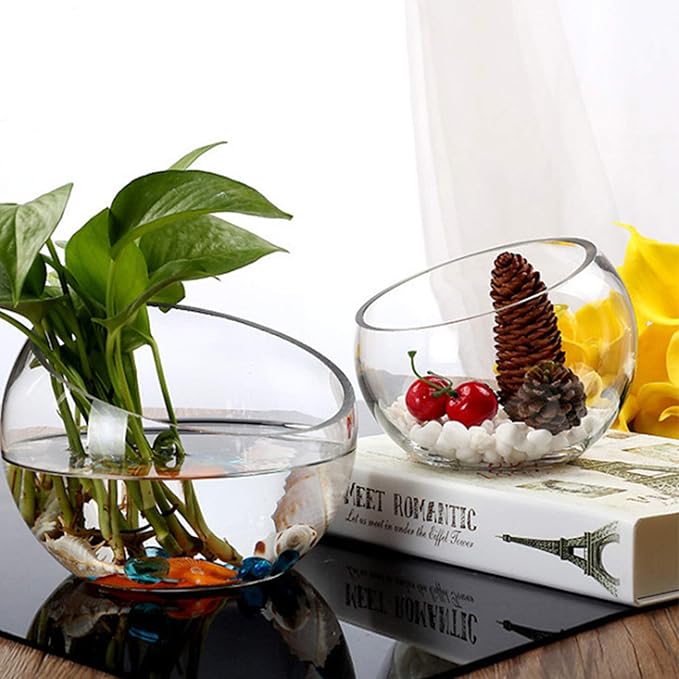 WGV Slant Cut Bowl Glass Vase, Width 11", Height 9.5", Clear Terrarium, Candy Dish, Fruit Jar, Floral Container for Wedding Party Event, Home Office Decor, 1 Piece