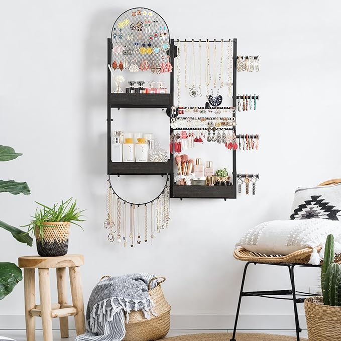 Keebofly Wall Mount Hanging Jewelry Organizer - Large Display Holder for Earrings, Rings, Necklaces, Bracelets, Watches and Perfume - Black