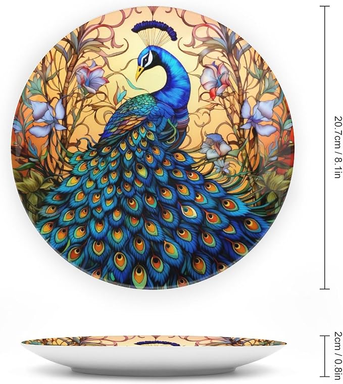 Decorative Plates for Wall Hanging, Stained Glass Design Peacock & Flower Ceramic Plate w/Display Stand, Home Decor for Kitchen Cabinets, Farmhouse Round Tray 8 Inch, Gift for Peacocks Lover