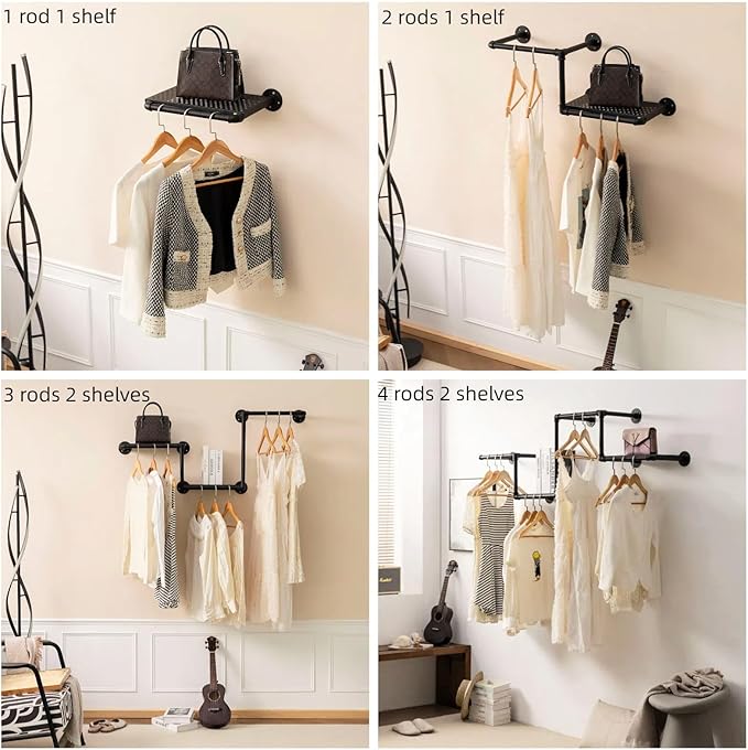 Industrial Pipe Clothing Rack with 2 Floating Shelves, 3 Hanging Rods Wall Mounted Garment Rack, Heavy Duty Iron Clothes Bar, Space-Saving Clothing Hanging Rails for Closet (3 hanging rods 2 shelves)