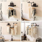 Industrial Pipe Clothing Rack with Floating Shelves, 2 Hanging Rods Wall Mounted Garment Rack, Heavy Duty Iron Clothes Bar, Space-Saving Clothing Hanging Rails for Closet (2 hanging rods 1 shelf)