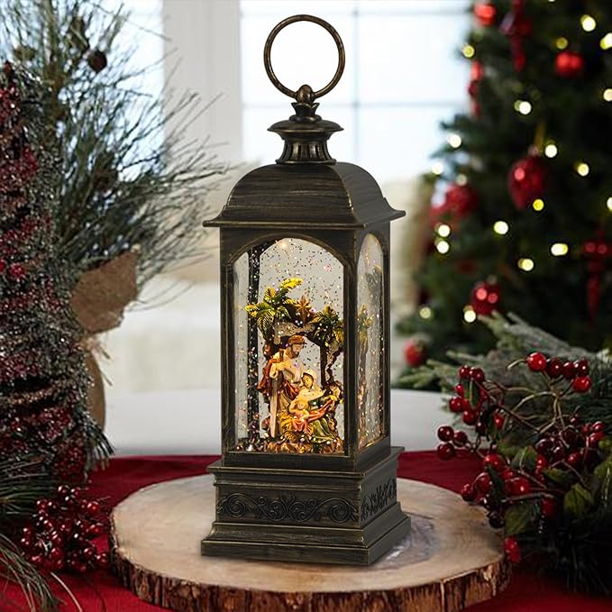 Christmas Snow Globe Swirling Glittering Nativity Scene with Timer & Music, Lighted Water Lantern USB Lined/Battery Operated for Christmas Festival Decoration Gifts - 11.4 inch (Jesus)