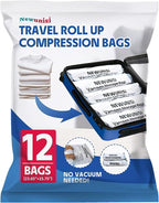 12 Pack Vacuum Storage Bags, Compression Bags for Travel, Roll Up Reusable Travel Space Saver for Luggage, Camping, and Storage (No Vacuum or Pump Needed).