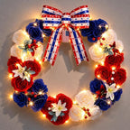 250th Anniversary Lighted Patriotic Wreath for Front Door 22 Inch 4th of July Artificial Red White and Blue Rose Wreath with Oversized Bow American Flag Wreaths for Memorial Day Independence Day Decor