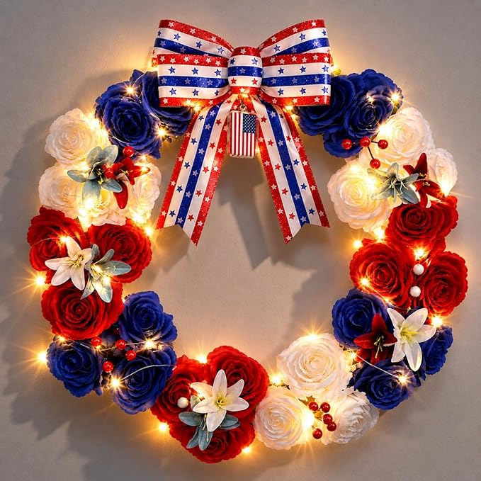 250th Anniversary Lighted Patriotic Wreath for Front Door 22 Inch 4th of July Artificial Red White and Blue Rose Wreath with Oversized Bow American Flag Wreaths for Memorial Day Independence Day Decor