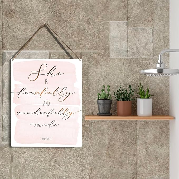 Inspirational She is Fearfully and Wonderfully Made Bible Verse Wood Sign Rustic Psalm 139:14 Flowers Christian Wooden Hanging Plaque for Home Wall Art Decoration 8 x 10 Inches Present