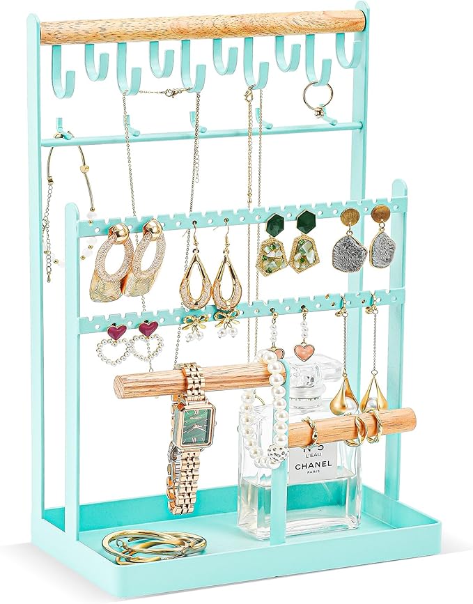 ProCase Jewelry Organizer Stand Necklace Organizer Earring Holder, 6 Tier Jewelry Stand Necklace Holder with 15 Hooks, Jewelry Tower Display Rack Storage Tree for Bracelets Earrings Rings -Aqua