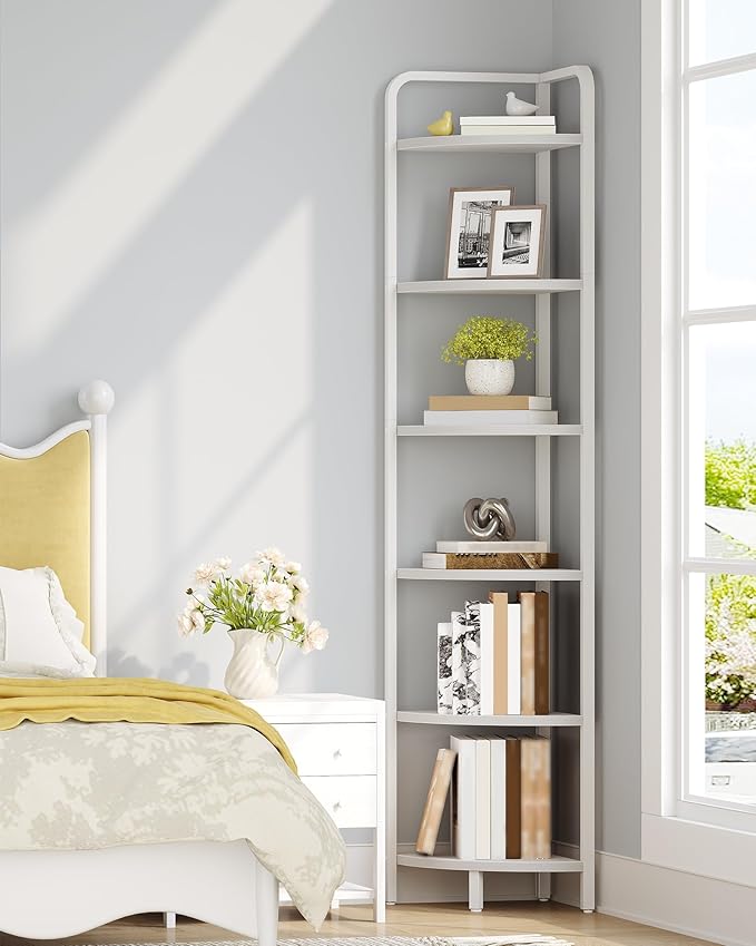 Hzuaneri Corner Shelf Stand, Corner Bookshelf, Plant Shelf, Corner Display Rack, Standing Shelf with Metal Frame for Living Room, Bathroom, Kitchen, Industrial Style, 6 Tier White CS06613W