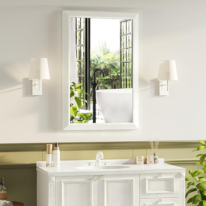 Bathroom Mirror for Over Sink,24x36Inch White Thick Anti-Rust Metal Frame, Rectangle Decorative Wall Mirror with HD Tempered Glass, Horizontal or Vertical Mount for Vanity, Bathroom,Living Room