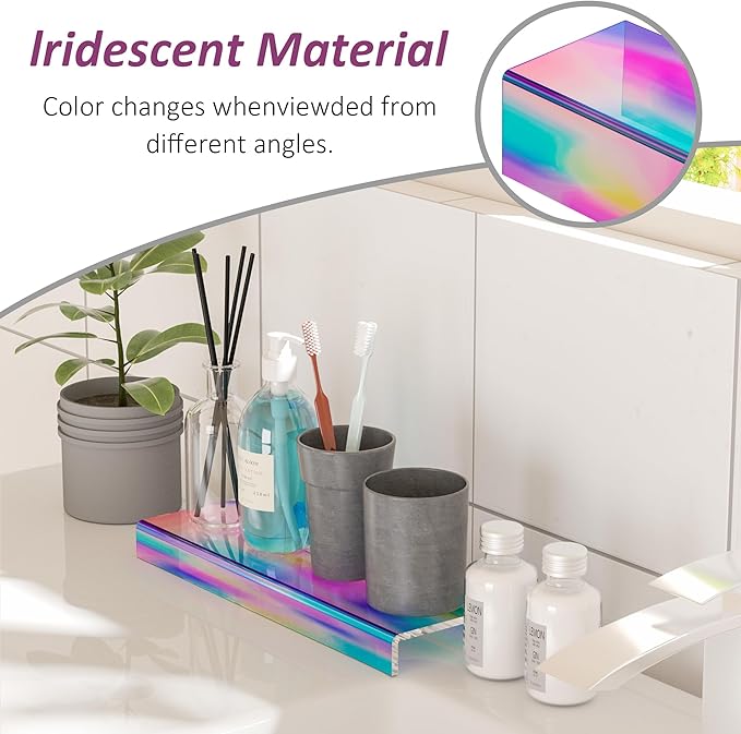 Sezanrpt Acrylic Shelf Riser 12x3.9x1 pack of 2, Iridescent Display Shelf 12” for Shoes, Glasses, Plants, Home Decors, Perfume, 12x3.9x1 Inch