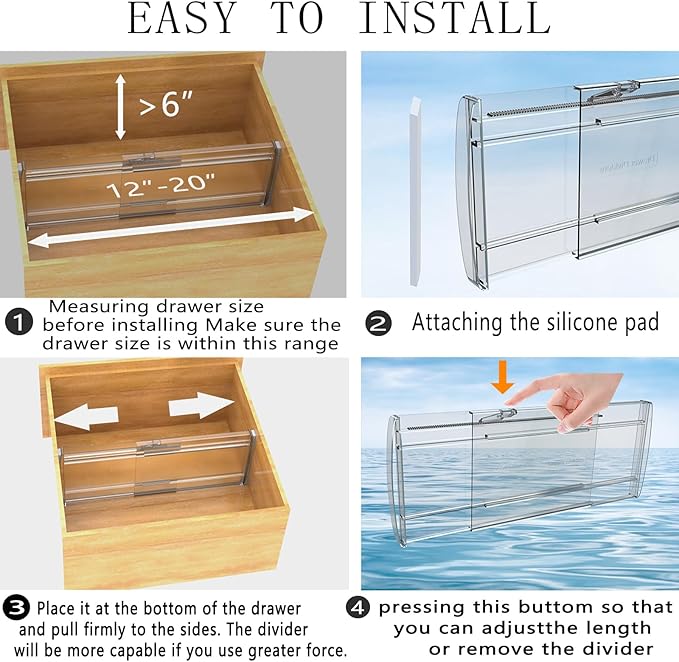 8 Pack Adjustable Drawer Dividers for Clothes,6" High Expandable From 12-20" Clear Drawer Organizers, PC Plastic Separators for Dresser/Bedroom/Bathroom/Kitchen/Office Storage