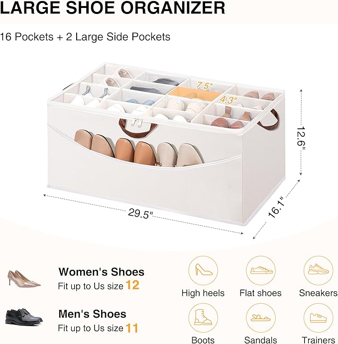 STO STO Shoe Organizer for Closet, Fits Up to 16 Pairs, XL Shoe Box Containers with Adjustable Dividers, Clear Cover Shoe Storage Bins, Stackable Space Saving Shoes Holder for Shoes and Boots, Beige