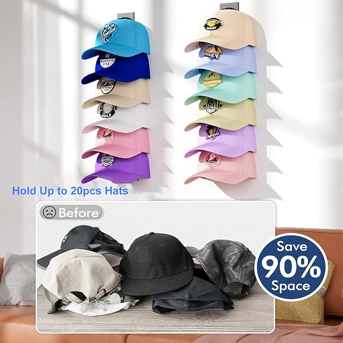 Hat Organizer for Baseball Caps 2 Pack Hat Rack for Wall with Strong Adhesive Hat Hanger Holder Display for Door Closet Hold up to 20 Hats Multilayer Ball Cap Storage Two Mounting Option