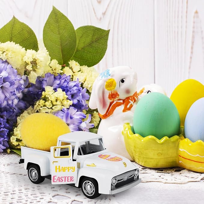 Easter Metal Truck with Yellow Eggs Easter Party Decors Easters Gifts Basket Stuffers Farmhouse Vintage White Metal Truck Decor Vintage Collectible Car for Desk Bookshelf