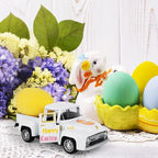 Easter Metal Truck with Yellow Eggs Easter Party Decors Easters Gifts Basket Stuffers Farmhouse Vintage White Metal Truck Decor Vintage Collectible Car for Desk Bookshelf