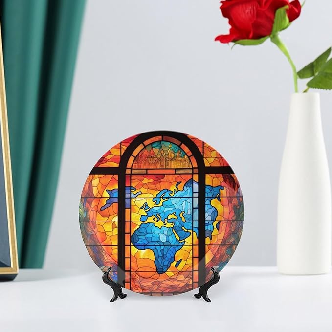 Decorative Plates for Wall Hanging, Old Globe Map Stained Glass Print Ceramic Plate w/Display Stand, Home Decor for Kitchen Cabinets, Round Tray 6 Inch, Gift for Adventure Lover Wanderlust
