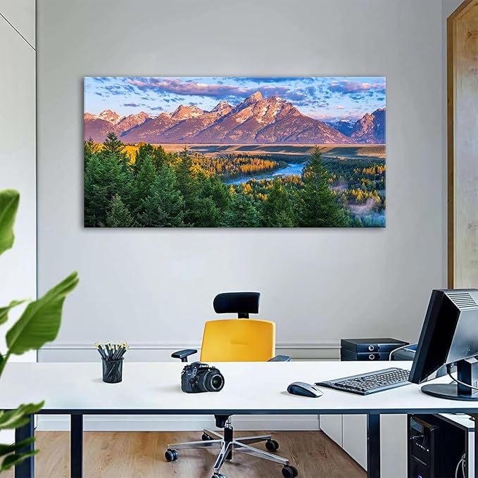 AIYISU Grand Teton Mountain Wall Art Sunset Nature National Park Posters Oxbow Bend Snake River Landscape Wall Decor Wyoming Scenery Painting Artwork for Living Room Office Home Decoration 35x70